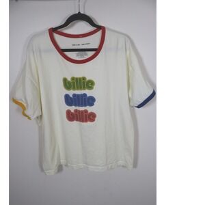 Billie Eilish Ringer T Shirt Large Cream Red Blue Yellow Trim Organic Cotton‎